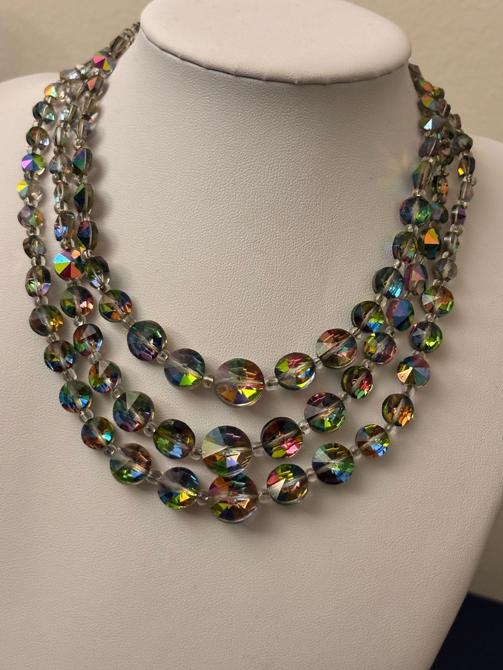 Vintage Aurora Borealis Crystal Beaded Triple Strand Necklace Choker